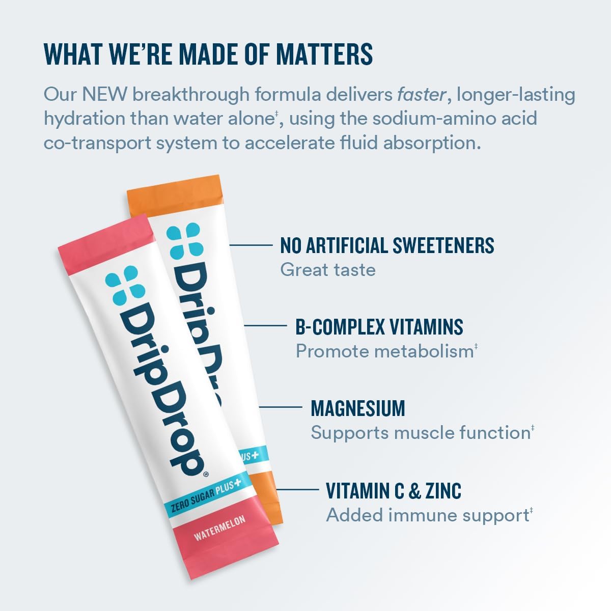 DripDrop Zero Sugar Plus - Sugar Free Hydration Packets- Single Serve Electrolytes Powder Drink Mix - Watermelon, Tangerine, Tropical Punch, Raspberry Lemonade - Non-GMO, Gluten Free, Vegan- 16 Sticks - Image 3