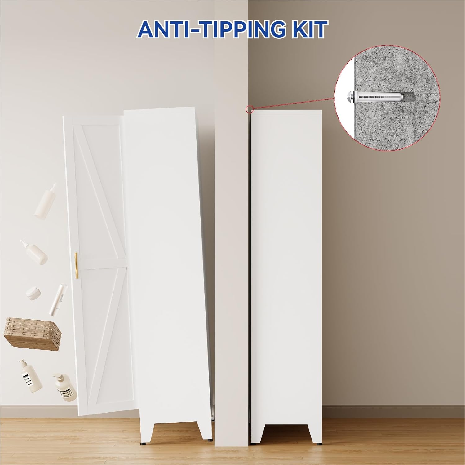 Image showing the anti-tipping kit included with the COFaR cabinet, demonstrating how it secures the cabinet to the wall for safety.
