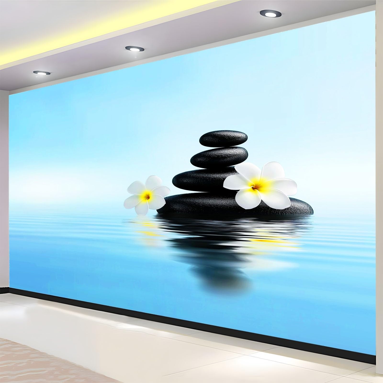 Panoramiczna tapeta 3D Jezioro Zen Skały Kwiaty 200 x 140 cm - Dekoracja wnętrz ściennych do salonu i pokoju dziecięcego, tapeta z włókniny XXL niebieska - plakat z obrazami ściennymi