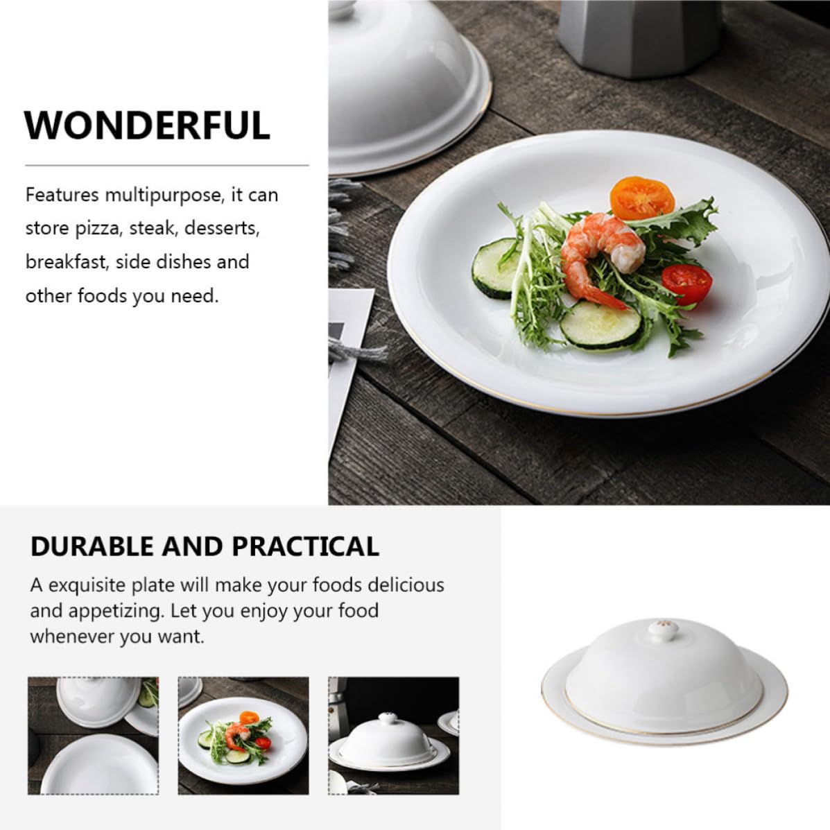 Gatuida Piatto in Ceramica Bianco con Coperchio per Bistecca e Dessert, Piatto da Portata Funzionale per Ristorante e Hotel, Materiale Ceramico Resistente e Finitura Liscia