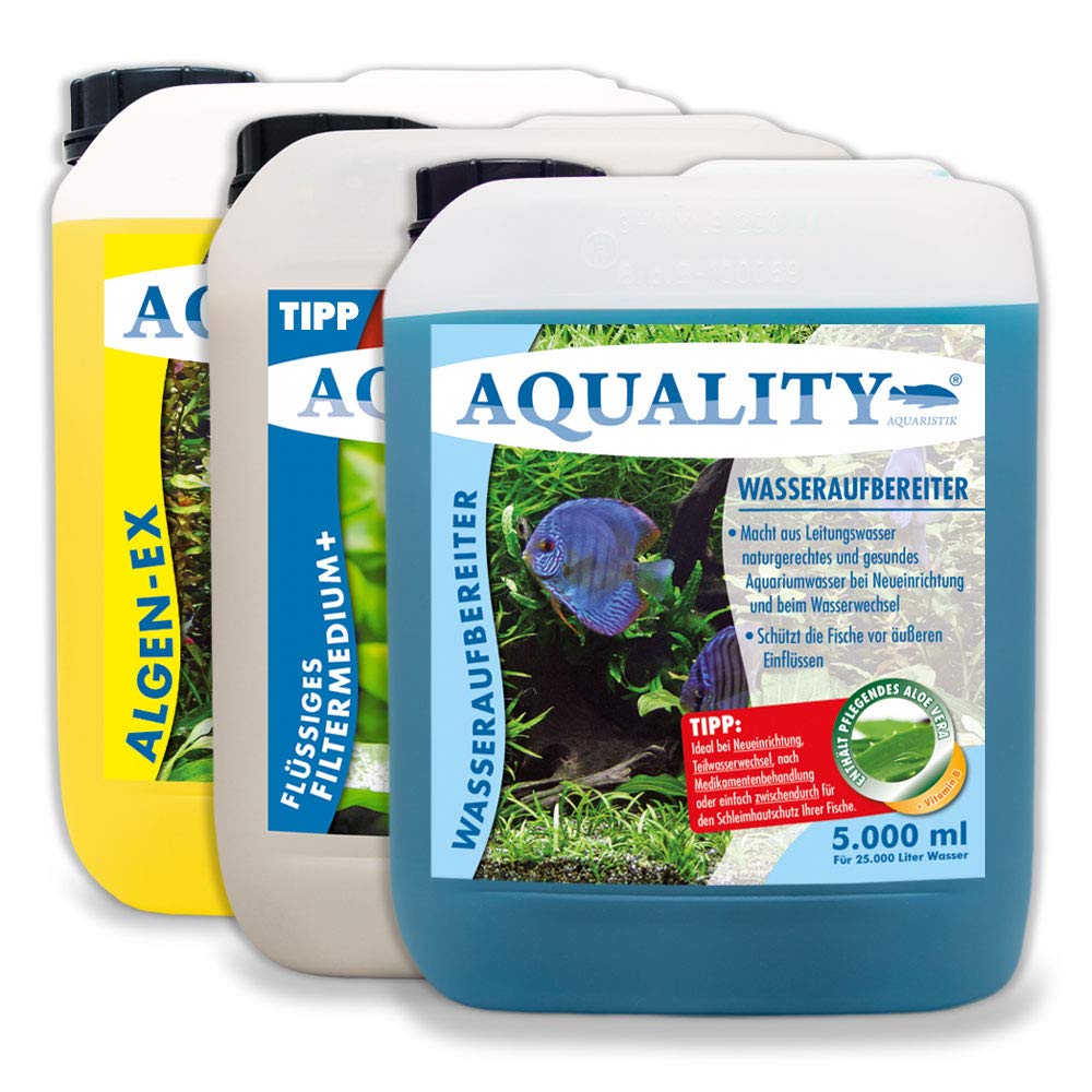 AQUALITY Aquarium 3er Starter- & Pflege-Sparset (Algenvernichter, Wasseraufbereiter, Filtermedium - Perfekter Start mit Allen wichtigen Produkten), Set-Größe:Set 5000