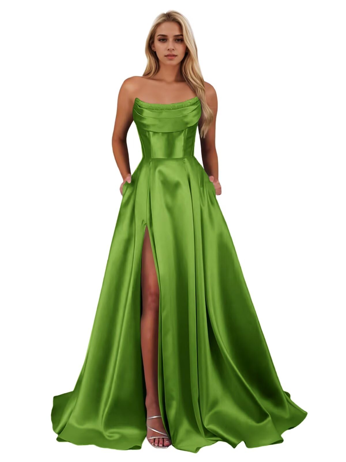 Toreque Strapless Satin Prom Dresses with Slit Cowl Neck Corset Formal Dresses A Line Ball Gowns for Women