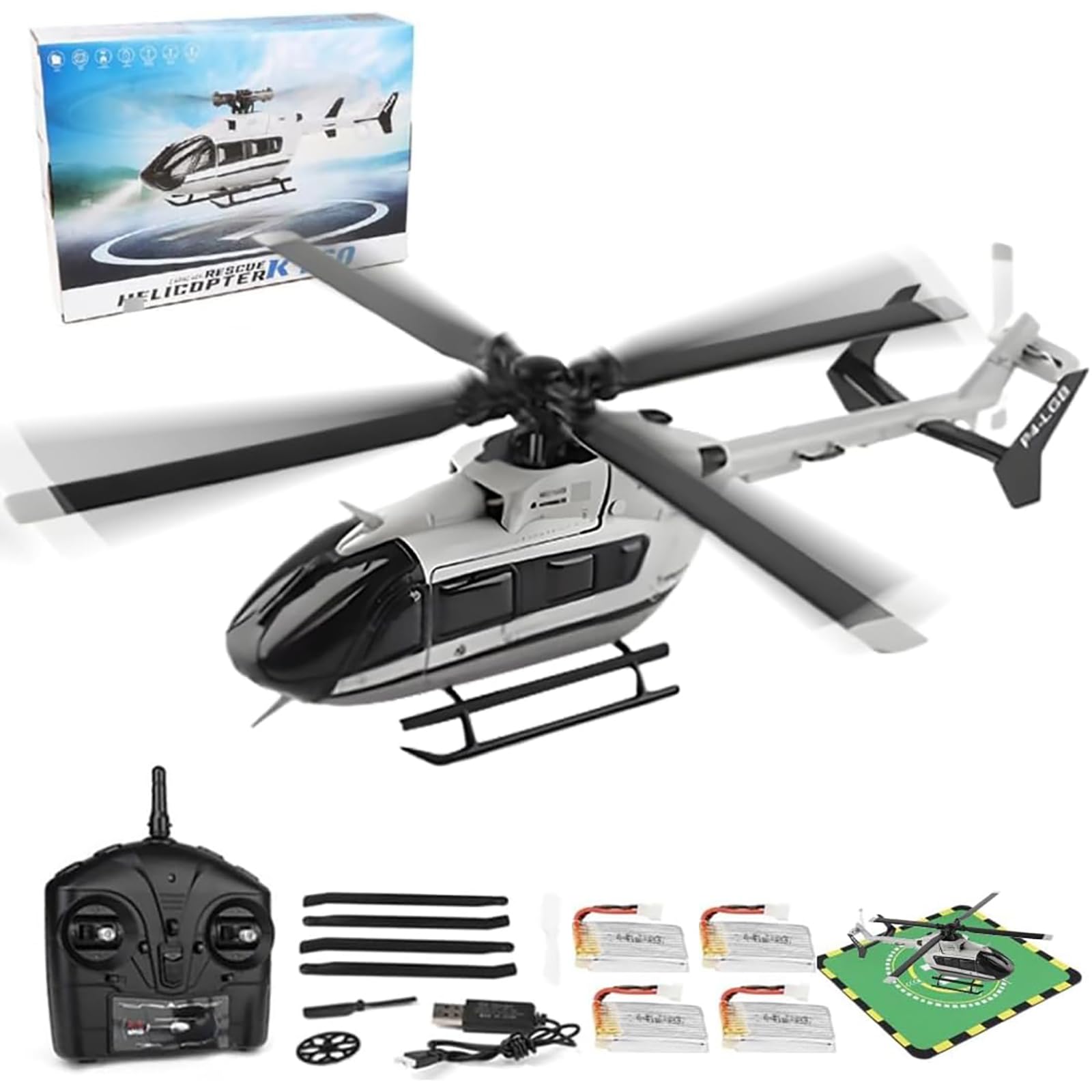 Helikopter RC K160 EC145 w skali 1:32, bezszczotkowy samolot wojskowy 2,4 GHz 4CH z funkcją utrzymywania wysokości i 6-osiowym żyroskopem, dla początkujących i entuzjastów.,4 battery