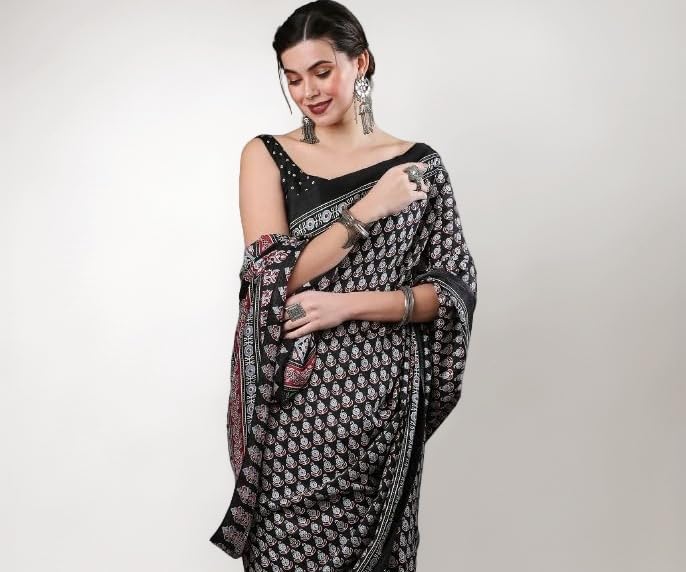 SAREE MALL Women's Ajrak Block Print Dola Silk Saree With Unstitched Blouse Piece
