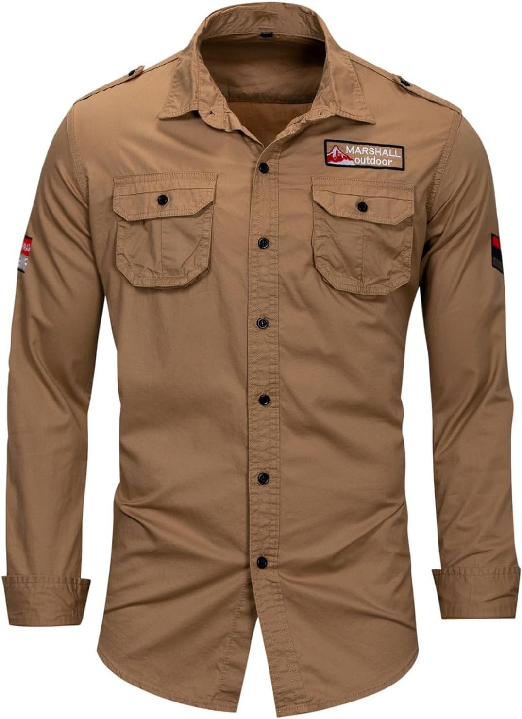 Men's Cotton Military Style Long Sleeve Shirt Collared Regular Fit Embroidered