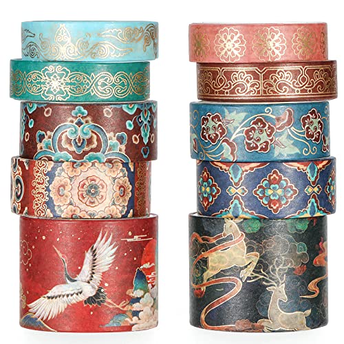 JOSUYA Vintage Red Washi Tape - Gold Foil Washi Tape Set - Aesthetic Antique Floral Decorative Tape Perfect for Bullet Journaling, Scrapbook, DIY Crafts