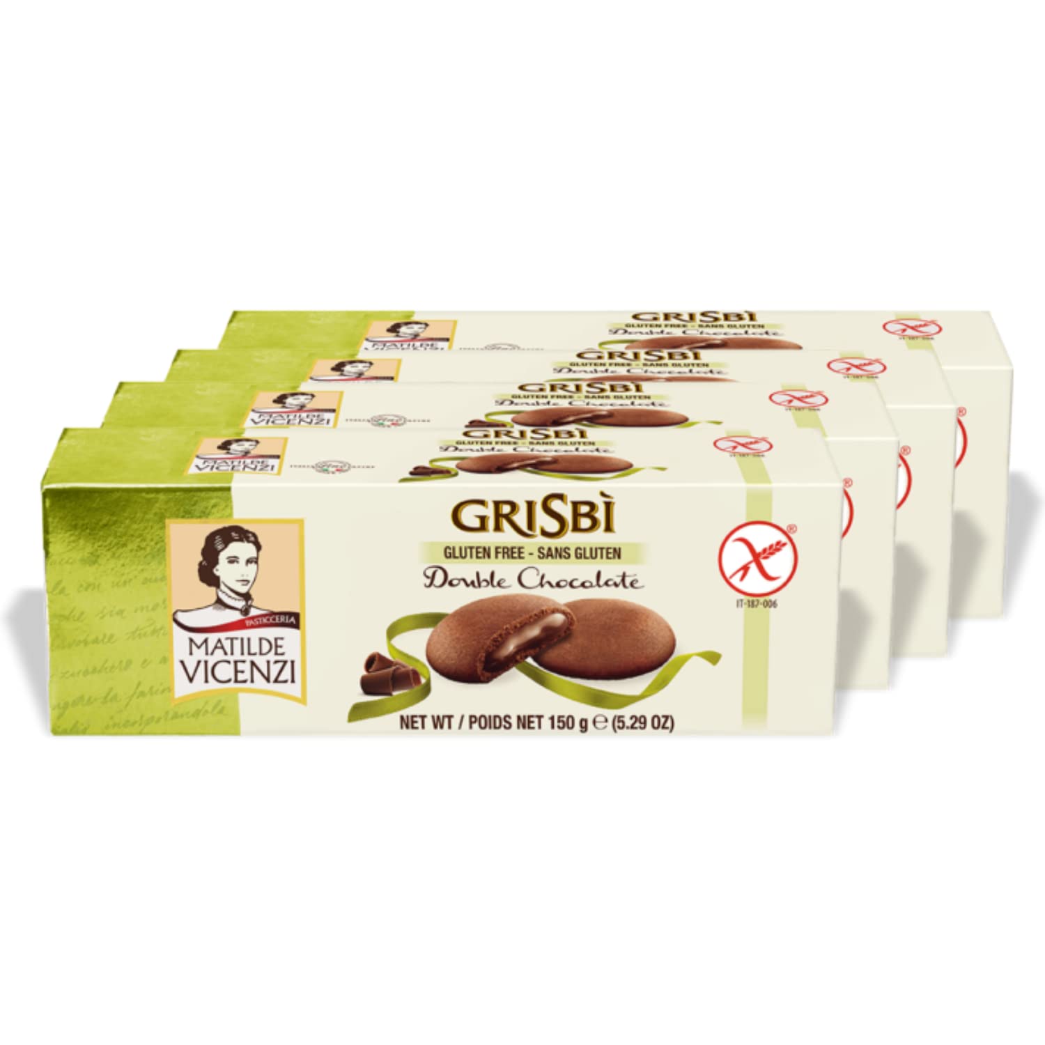 Grisbi Gluten Free Double Chocolate Shortbread by Pasticceria Matilde Vicenzi | Sweet Chocolate Cream Filled Patisserie Pastry Cookie| All-Natural, Kosher, Dairy | Made in Italy | 5.29oz (150g) Box, 4-Pack