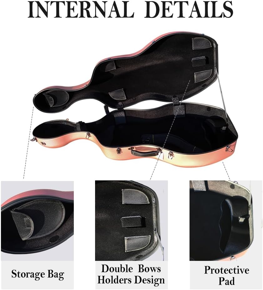 4/4 Cello case Mixed Carbon Fiber Full size Hard case Hard Shell Strong Light 4.5kg Support 300kg pressure (rose-gold)