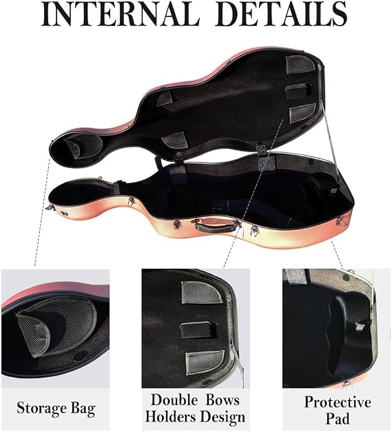 4/4 Cello case Mixed Carbon Fiber Full size Hard case Hard Shell Strong Light 4.5kg Support 300kg pressure (rose-gold)