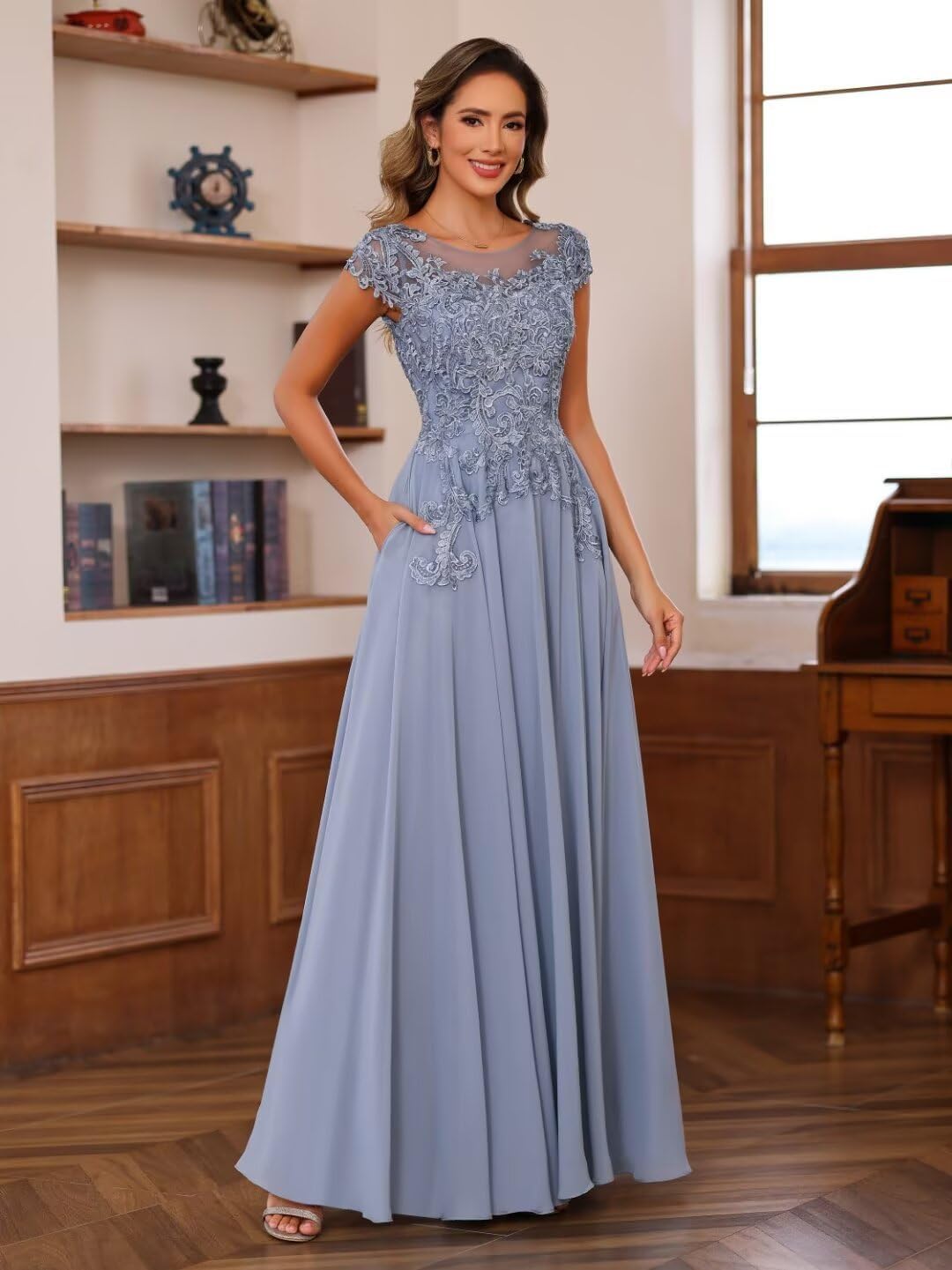 YMSHA Lace Mother of The Bride Dresses with Sleeves A Line Crew Neck Formal Evening Dress CLN072
