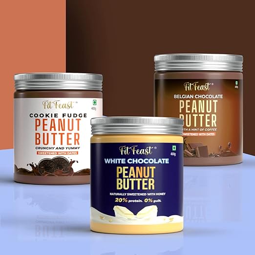 FitFeast Peanut Butter Combo | White Chocolate, Belgian Chocolate And Cookie Fudge Peanut Butter | No Trans Fats | Contains Dates/Honey | Antioxidant Rich | Many Health Benefits (Pack Of 3) - 1200 Gm