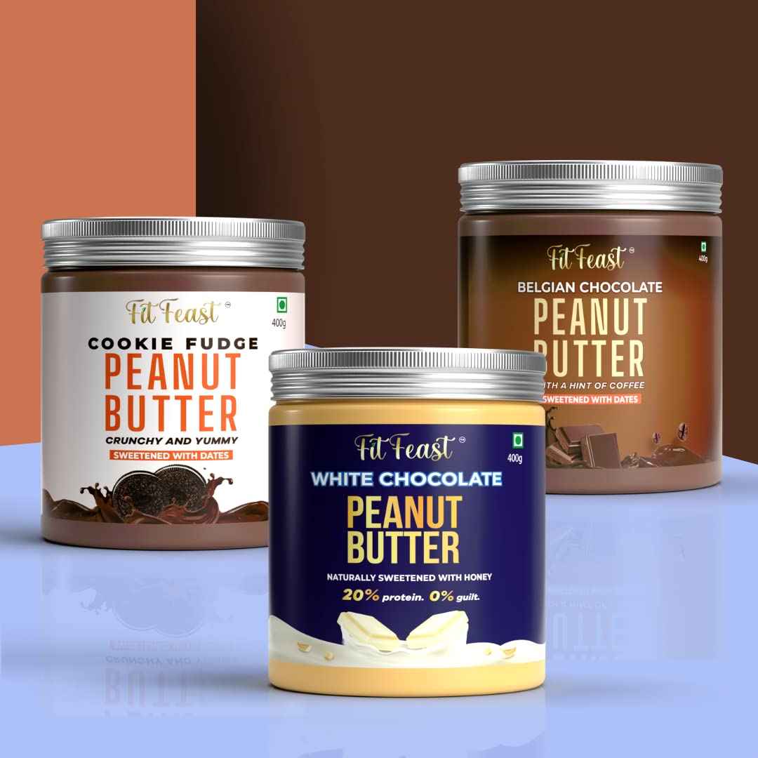 FitFeast Peanut Butter Combo | White Chocolate, Belgian Chocolate And Cookie Fudge Peanut Butter | No Trans Fats | Contains Dates/Honey | Antioxidant Rich | Many Health Benefits (Pack Of 3) - 1200 Gm (B0BBCRV38B) Amazon Price History, Amazon Price Tracker