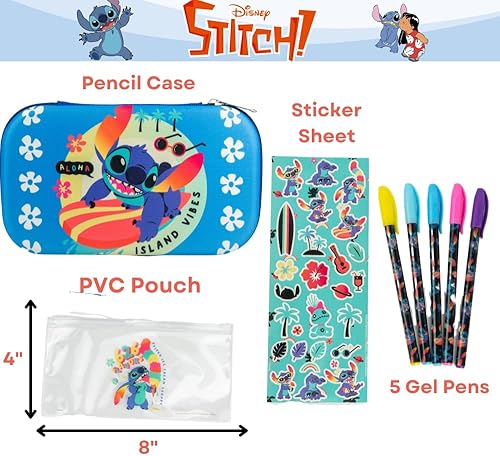 Miniatura 2 de Innovative Designs Set de estuches para lápices de Disney Stitch con pegatinas y bolígrafos de gel para niños, moldeado con cierre de cremallera,