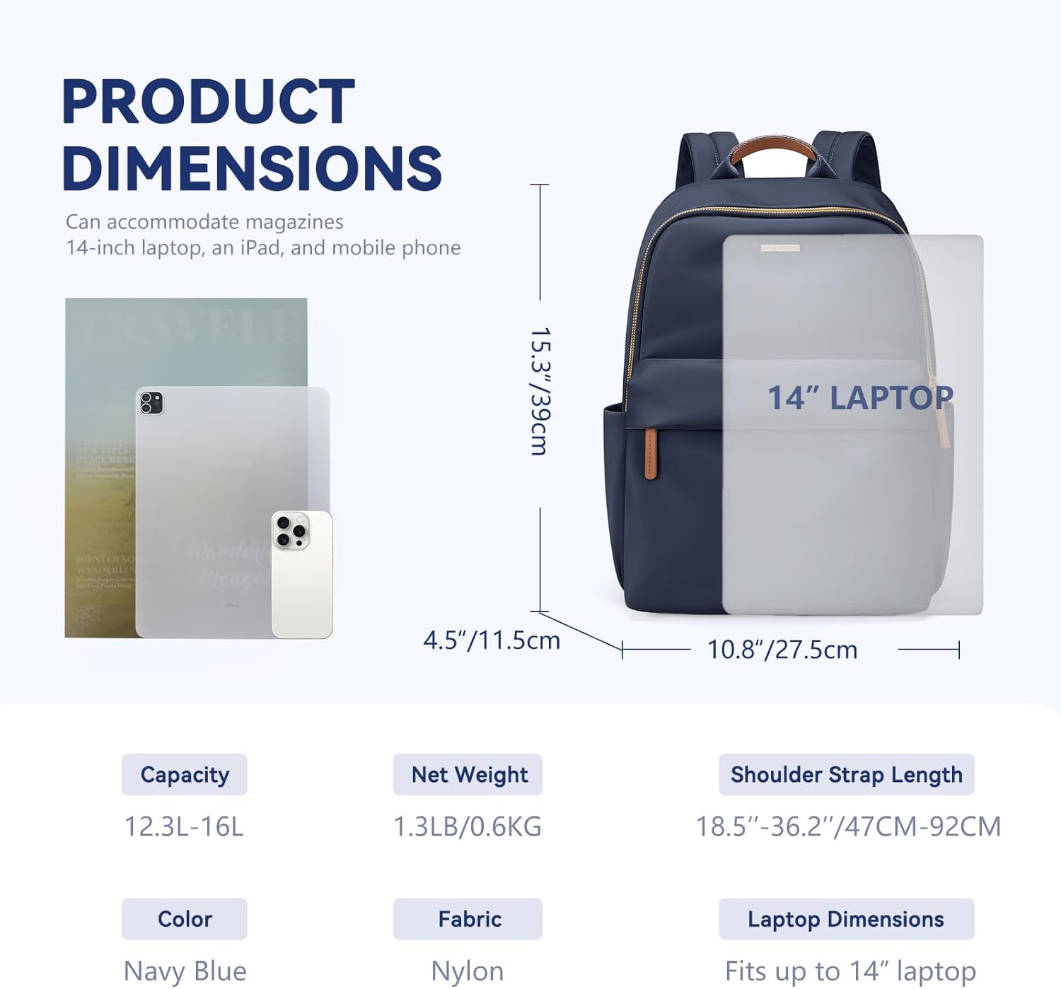 Laptop Backpack for Women Fit 14 Inch Stylish Daypack Notebook Travel Work Commuter Casual Daypack Backpack Purse for Women Travel Business (Navy Blue)
