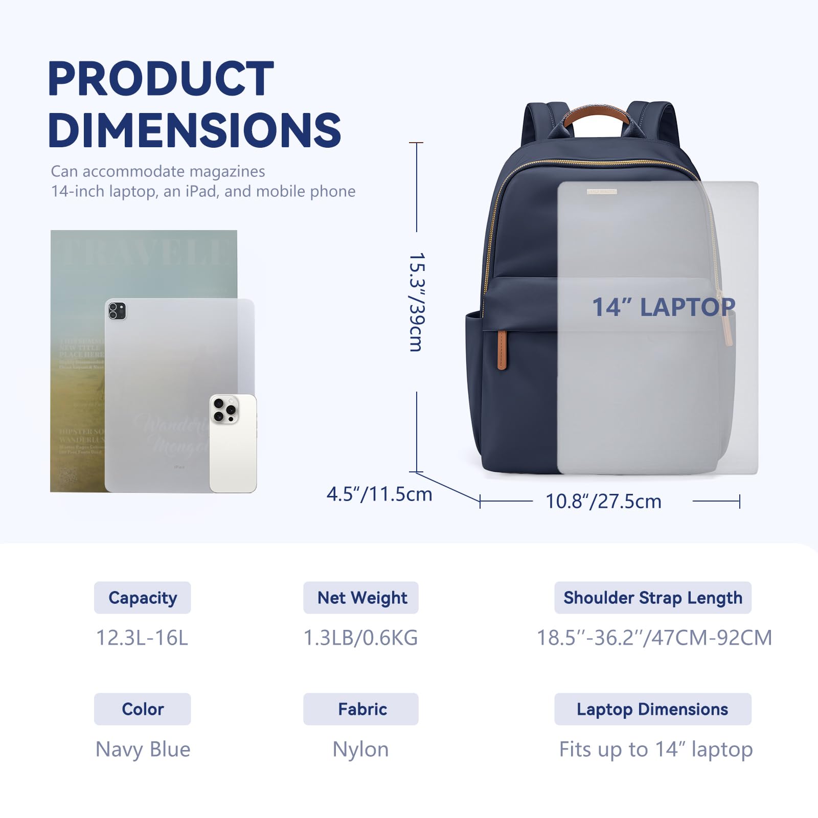 Mochila para Laptop de 14 pulgadas, Elegante Mochila Mujer para el Trabajo, Vajes, Negocios, Azul Marino