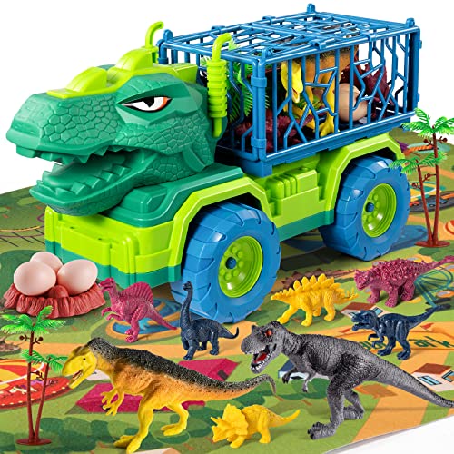 MAGICDINOSAUR Dinosaur Transport Truck for Kids 3-5, T-rex Vehicle Carrier Car Toys for Boys 3 4 5 6 7 Years Old, Truck Toy with Dino Figures & Play Mat, Gift for Toddlers Boys Girls