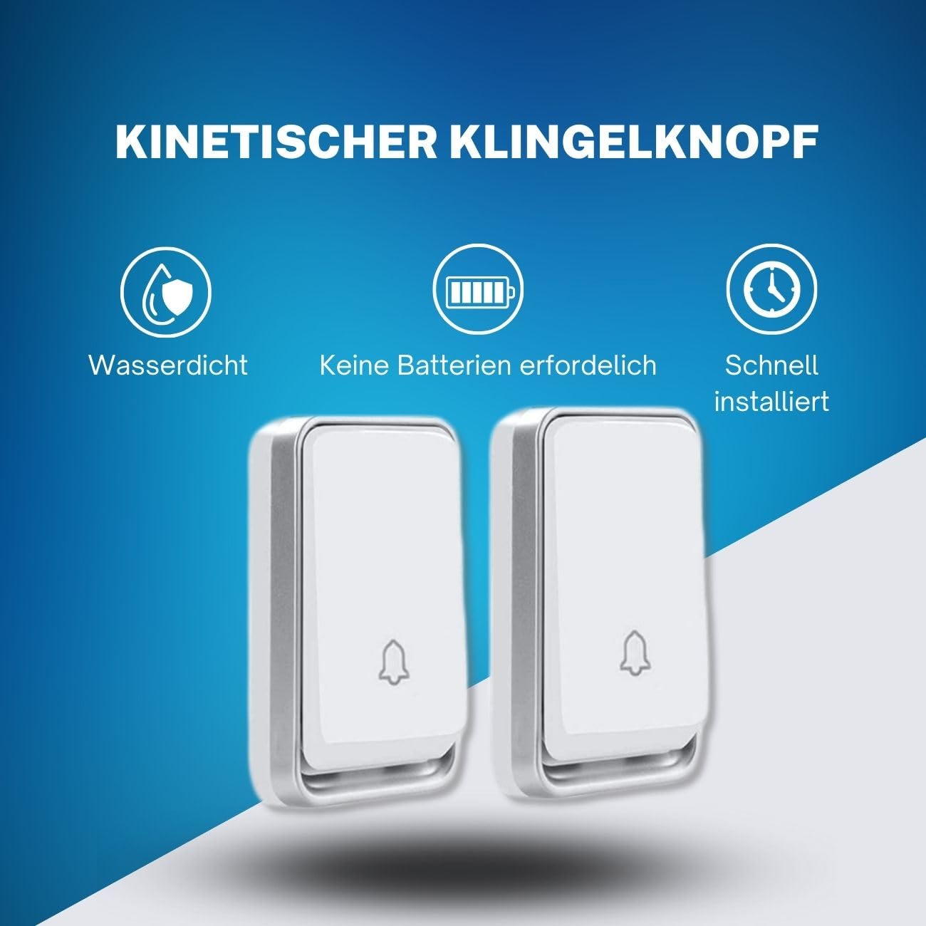 Funkklingel 2 Empfängern - Kabellos Türklingel - Klingel Haustür aussen wasserdicht - Batterielos - 2 Sender - Blinkende led - 4 Lautstärkestufen - 52 Klingeltönen - Weiß | Keine Batterien erforderlich, 200 m Reichweite, IP55, 51 Melodien, 4 Lautstärken,