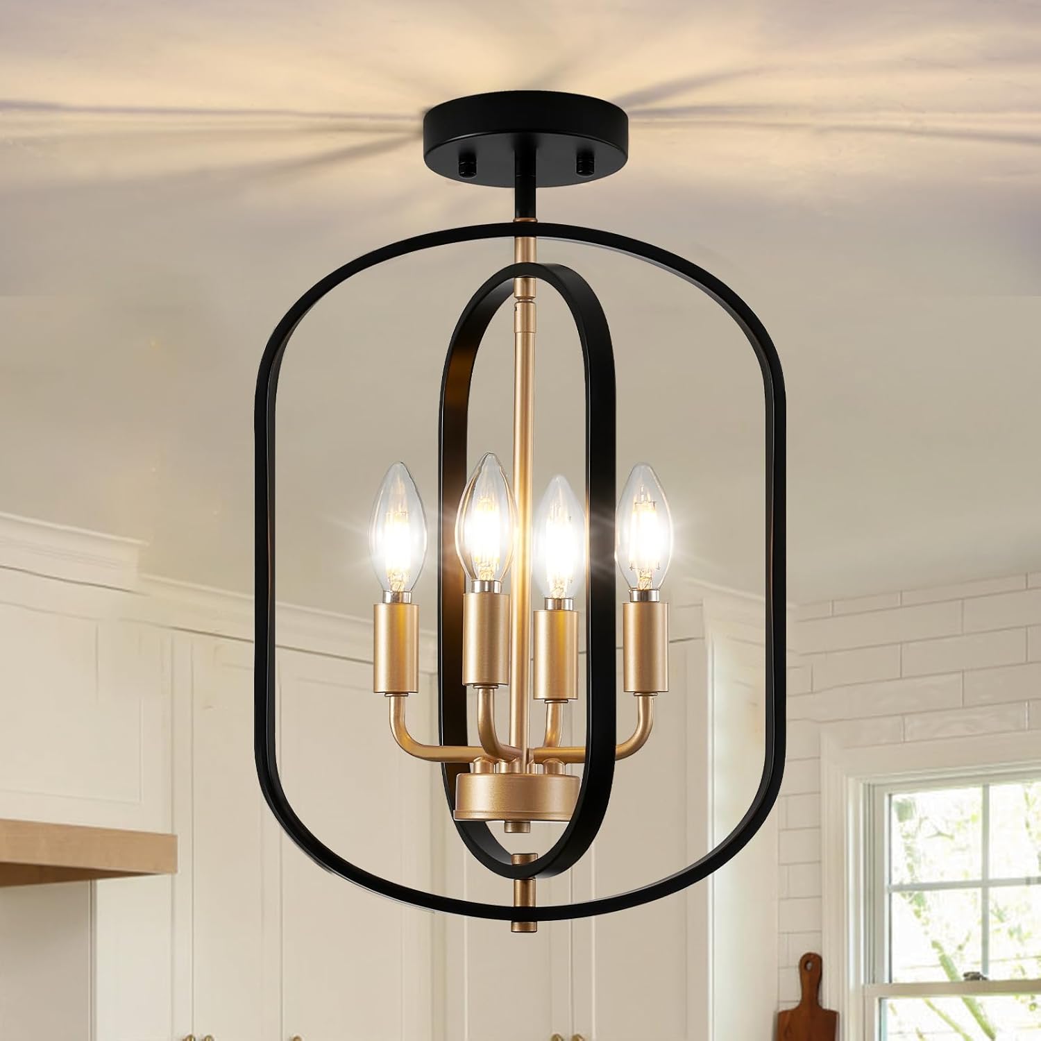 Black Gold Semi Flush Mount Ceiling Light Fixture, Modern Close to Ceiling Light Fixtures Ceiling Mount, Dimmable Foyer Kitchen Lighting Fixtures Ceiling Lights for Bedroom, Hallway, Entryway