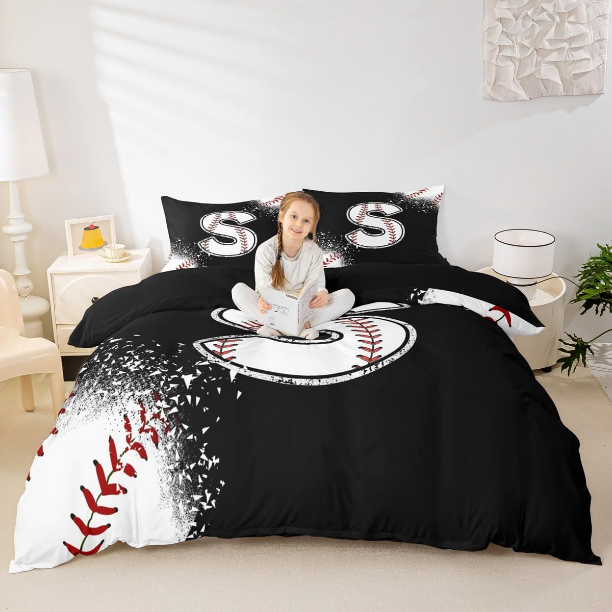 jejeloiu Baseball Duvet Cover Twin Size Sports Theme Bedding Set for Boys Girls Alphabet Personalized Initial White Letter S Comforter Cover 2Pcs Zipper Closure with 1 Pillowcase (No Comforter)