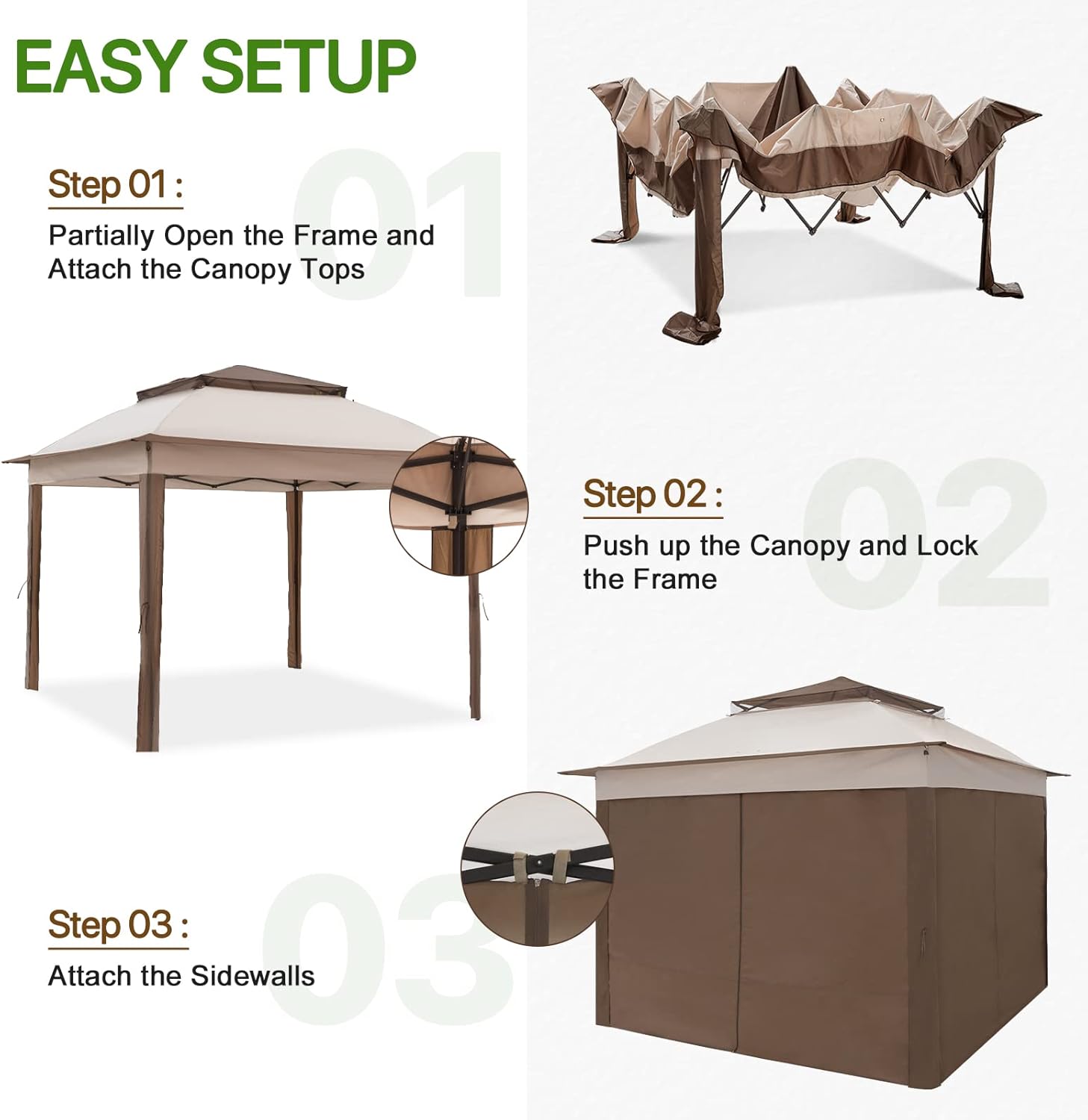 COOS BAY 11x11 Pop Up Gazebo with 4 Sidewalls, Instant Outdoor Canopy Tent with UPF 50+ UV Protection, Water Resistant Shelter with Carry Bag, Stakes & Ropes, Beige