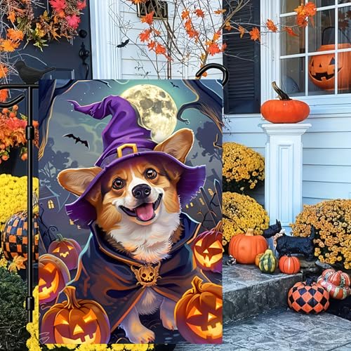 Image of Halloween Decorations Outdoor Garden Flag 12x18 Inch Double Sided Corgi Dog Witch Hat Pumpkin Fall Decor Yard Lawn Porch Patio Halloween Garden Flags