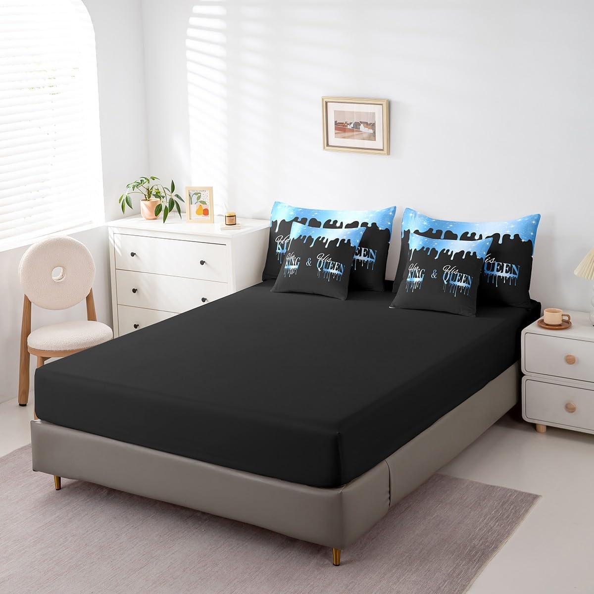 Feelyou King and Queen 7 Piece Bedding Set, Black and Blue - King Size Bed SetLovers Couple Lover Bed in a Bag with Comforter, Sheets, Pillowcases & Cushion Cover