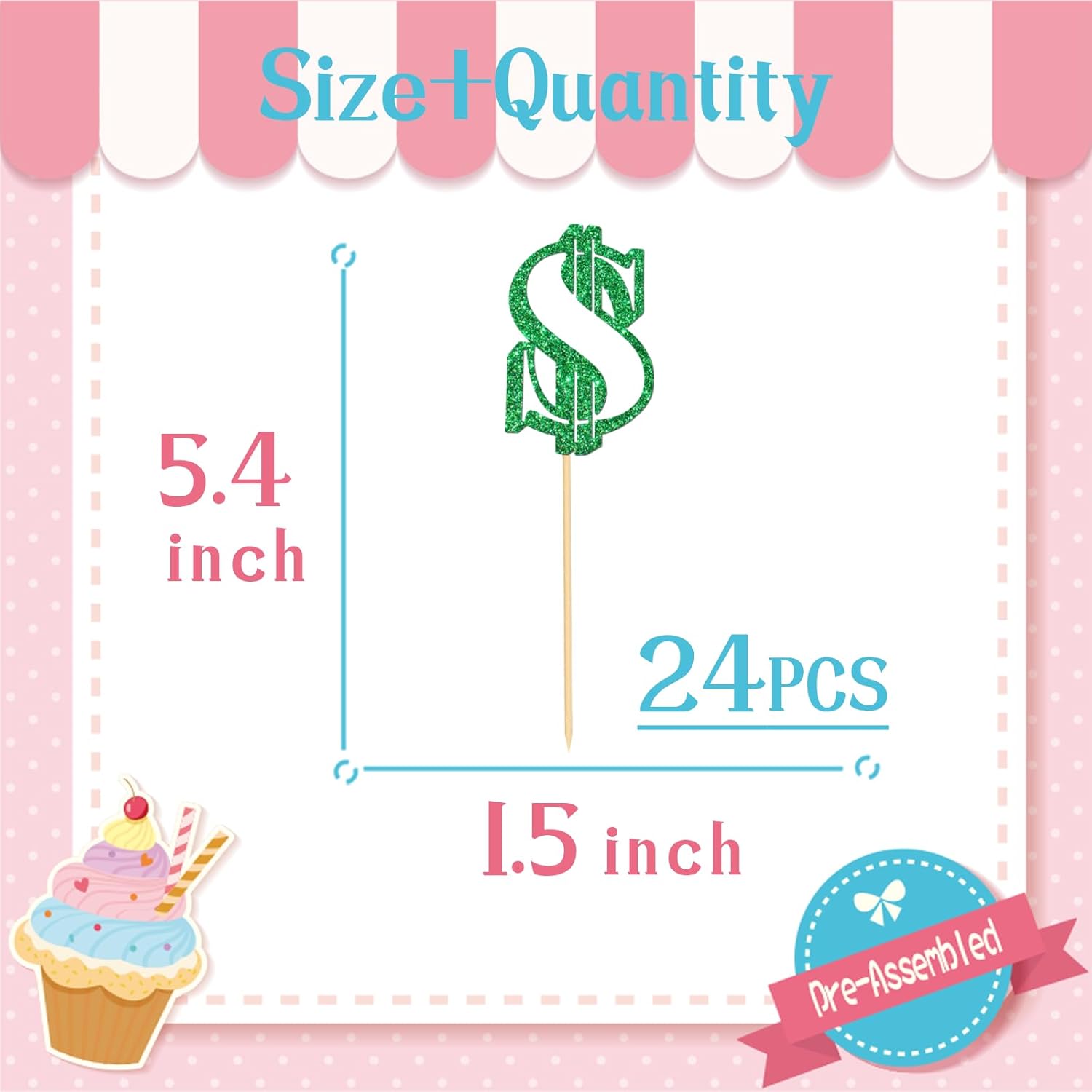 24pcs Dollar Sign Cupcake Toppers for Birthday Wedding Party Decorations - Green Glitter Dollar Cake Decor, Money Theme Birthday Party Decoration Supplies