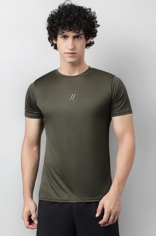 Slim Fit Polyester Sports T-Shirt for Men - Round Neck Quick Dry Fit Half Sleeve Breathable Stylish Gym & Workout Tee - Lightweight Running Cycling Football Swimming Training Sportswear Top