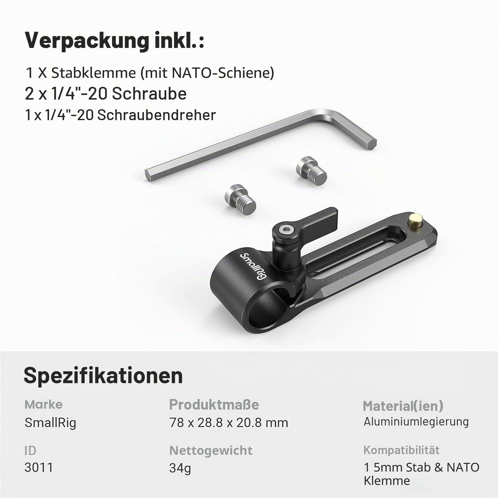 SMALLRIG 15mm Single Bar Clamp Rod Clamp with Integrated NATO Rail für Follow Focus, Monitor und Kamerazubehör - 3011