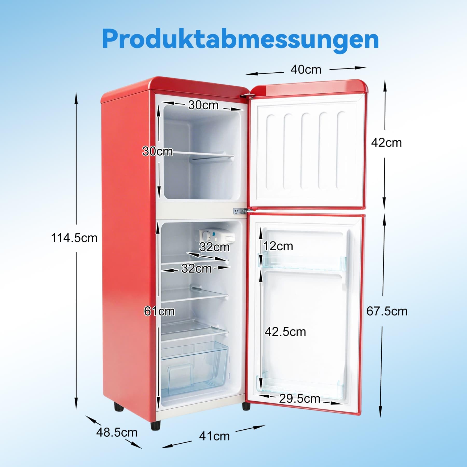 YEHTOKHOME - Refrigerador de 2 puertas, nevera pequeña, 7 niveles de ajuste de temperatura, iluminación LED, estantes ajustables, clase energética E, para cocina, salón y oficina (rojo, 112 L)