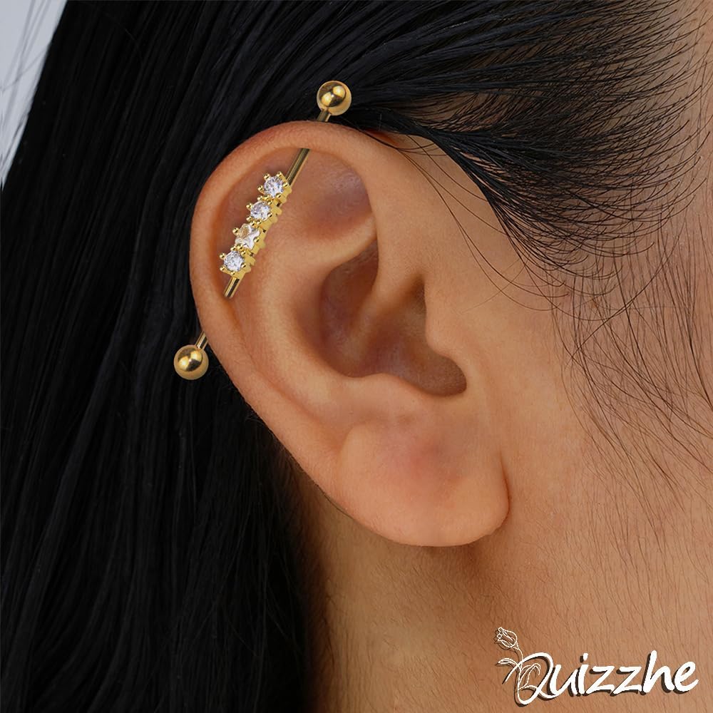 Industrial Bar Piercing Jewelry 14G Barbell Surgical Steel for Women Men | With CZ 14G Curved Barbell External Threaded Piercing Cartilage Earring Vertical Labret Accents Body Piercing Jewelry 38mm
