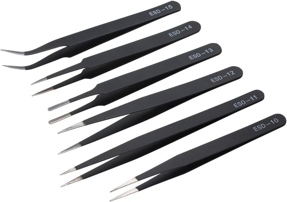 Akobearla 6pcs Stainless Steel Presicion Tweezers ESD Serial Electrical Pliers Anti-Static Tweezer Tool Kits for Electronics Jewelry-making, Laboratory Work, Nail Art Hobbies (1.0mm Thickness)