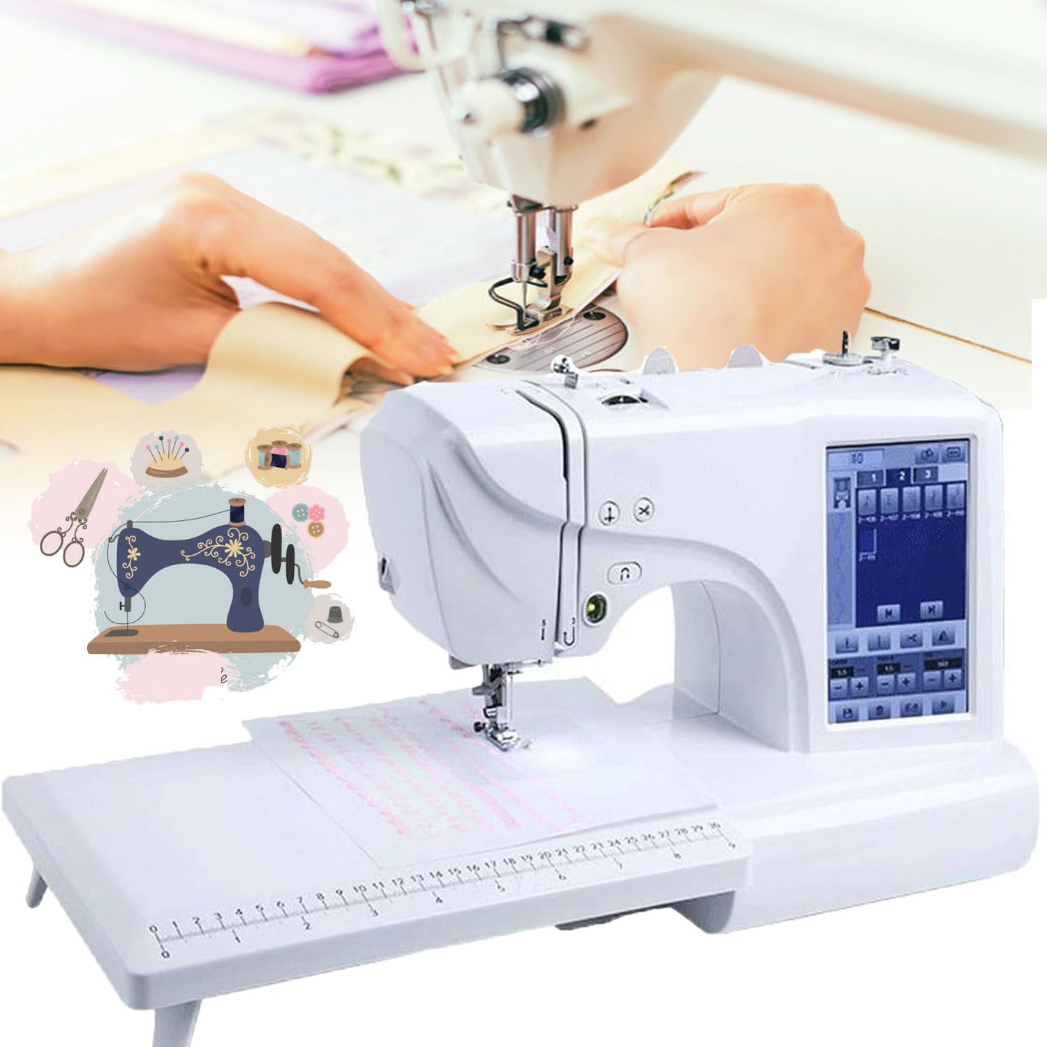 Macchina da ricamo elettrica, macchina da cucire computerizzata, 210 lettere incorporate e 30 bordi del motivo, area di ricamo 4 "x 9,2", con display touch LCD per abbigliamento domestico