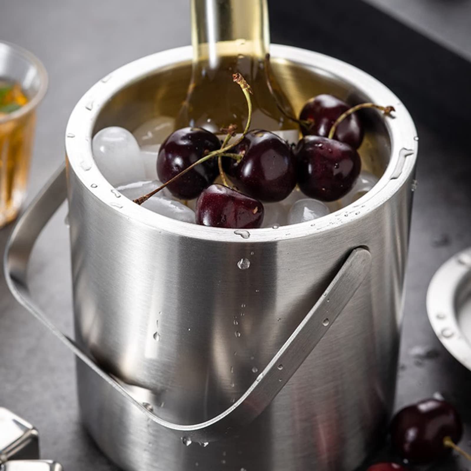 Eiskübel, doppelwandiger Eiskübel aus Metall mit Deckel, 1,3 l, isolierter Eiskübel aus Edelstahl für die Bar, Wein, Zubehör für die Hausbar, Partys, Champagnerkübel, Eiskübel aus Edelstahl, Getr