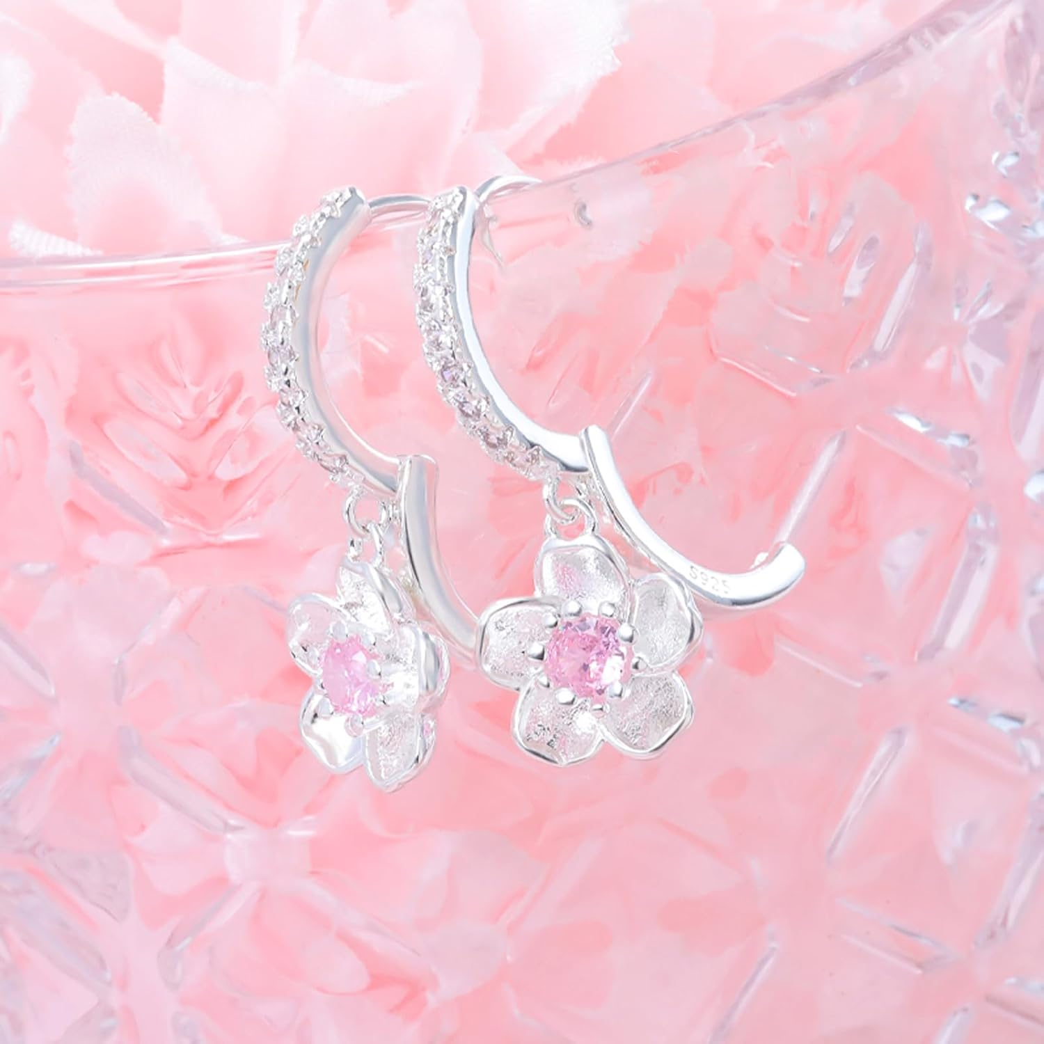 Cherry Blossoms Dangle Hoop Earrings for Women-Sterling Silver Pink CZ Hoop Earrings Small Shiny Crystal Flower Sakura Huggie Earrings Cute Dainty Floral Romantic Jewelry for Women Mom Wife Birthday - Image 3
