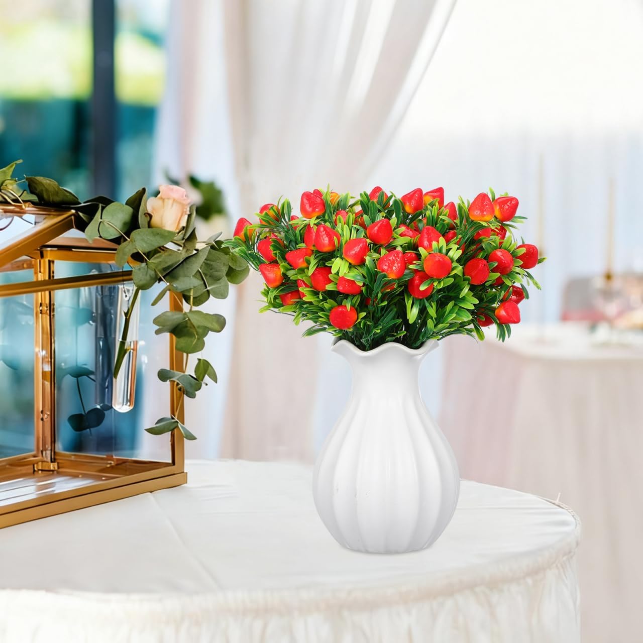 Cabilock 6pcs Fake Strawberry Plant Decor Artificial Strawberry Branch Simulated Fruit Stem Flower Bouquet for Home Wedding Table Decor