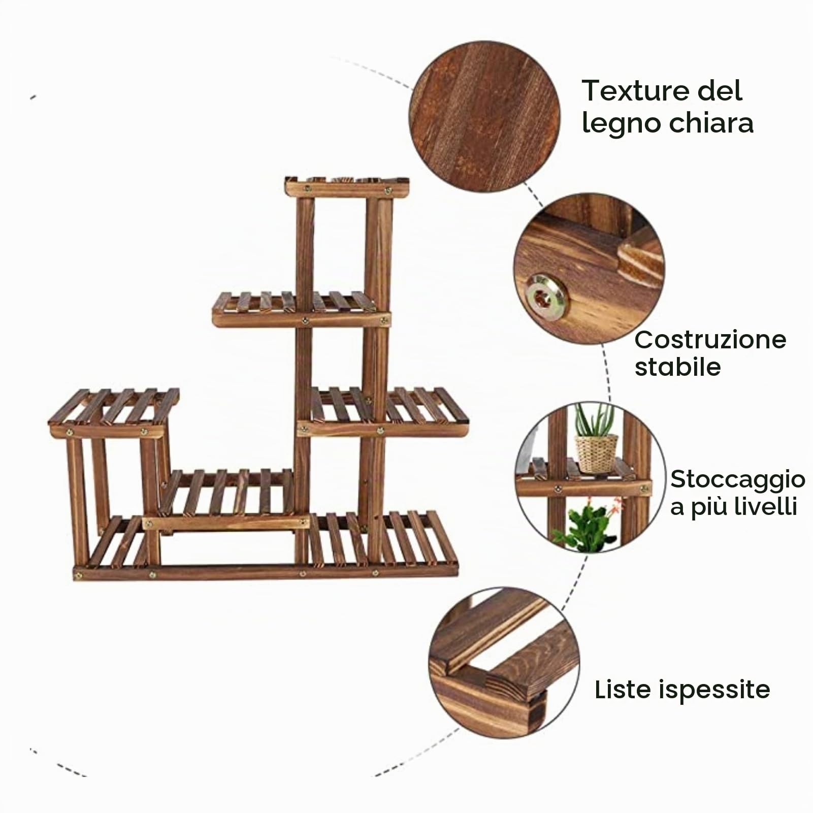 Greensen Scaffale per Fiori in Legno Porta Piante 6 Ripiani da Interno Esterno Balcone Giardino Fioriera Portafiori Portavasi 72 x 72 x 20 cm