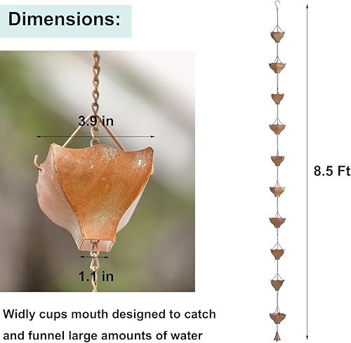 Miniatura 3 de Cadena de lluvia de metal de 8.5 pies  Reemplazo para bajantes de canalón  Captador de lluvia para exteriores  Acabado Verdigris