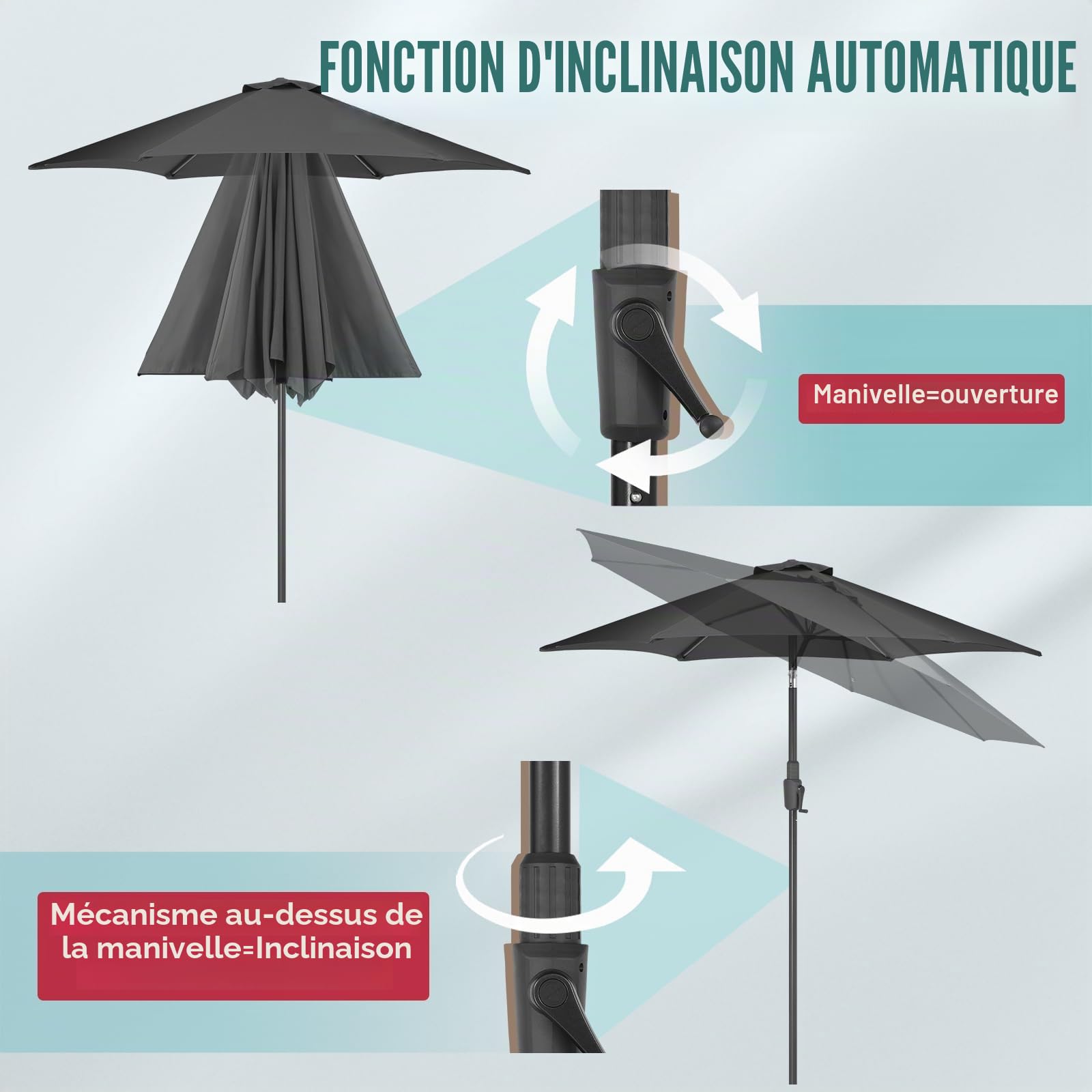 Sekey Parasol 220 cm avec Manivelle et Basculement Auto - Ombrelle pour Terrasse, Balkon & Jardin - Windproof UPF 50+