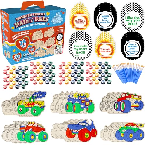 Kids Valentine's Day Cards - Monster Trucks Wood Painting Craft Kits (24ct)- Each Valentines Card Includes Craft w Paints, Brush, and Sticker- Make Classroom School Exchange Gifts Fun for Boys & Girls
