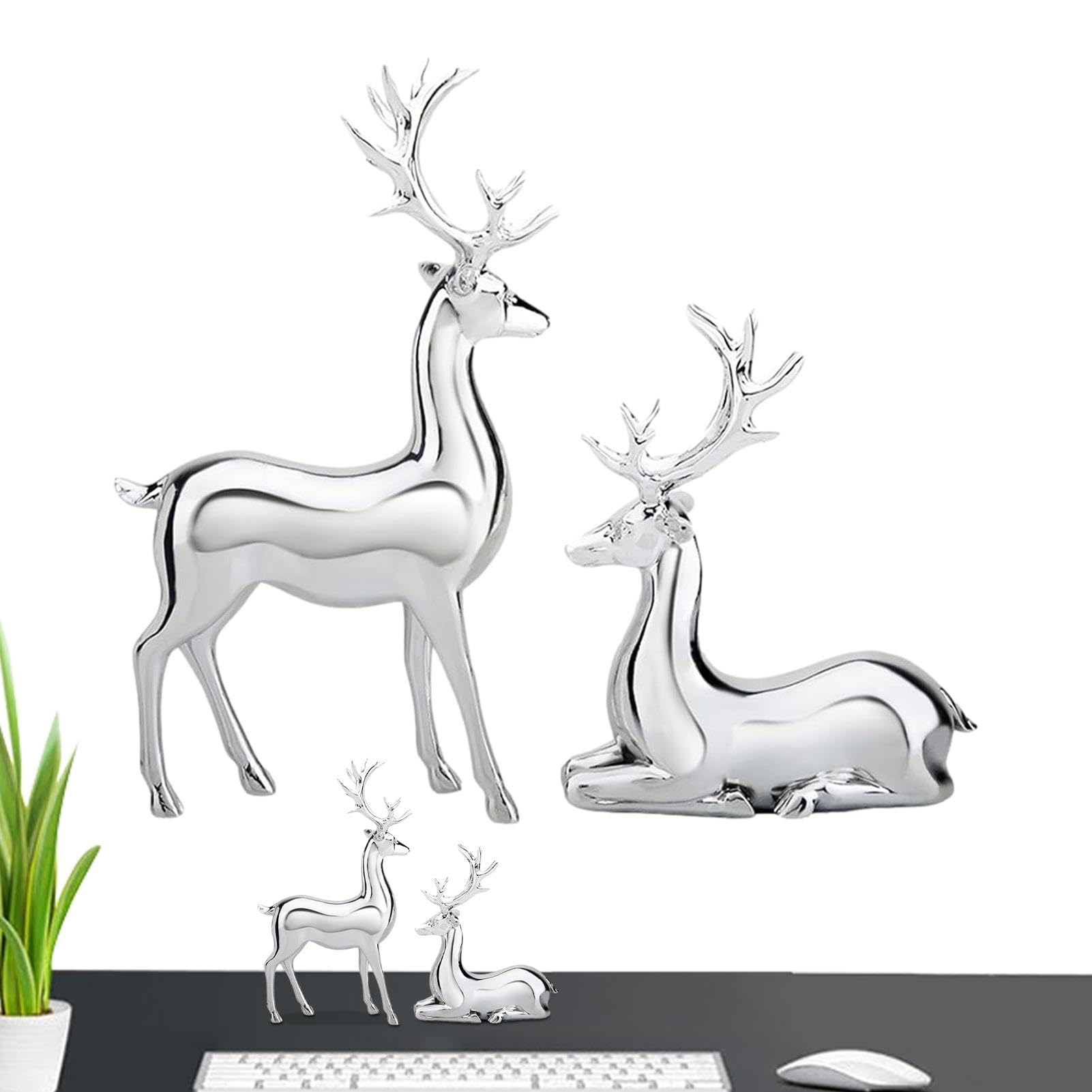 Figurines de rennes argentées de Noël en résine galvanisée pour décoration de table de salon 2pcs