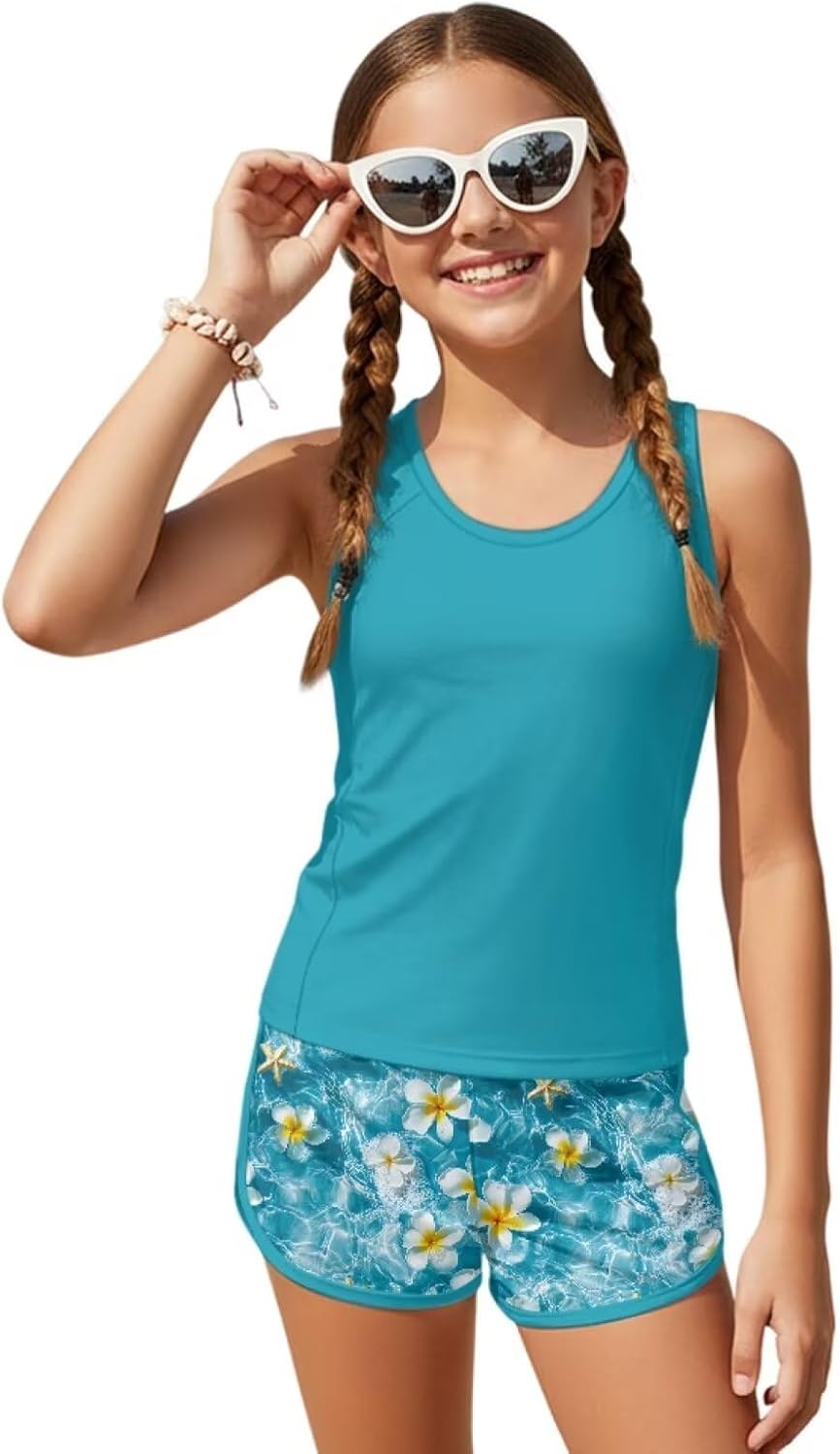 Girls Tankini Swimsuits 2 Pieces with Swim Shorts Sleeveless Swim Tank Tops Summer Bathing Suits 6-15Y