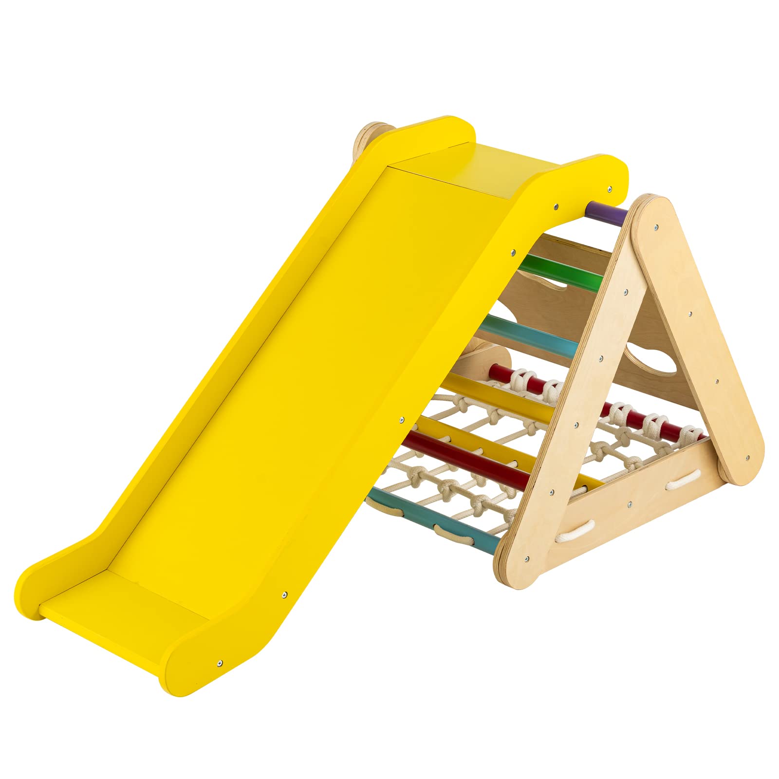 RELAX4LIFE 4 in 1 Triangolo da Arrampicata con Scivolo per Bambini, Scala per Arrampicarsi in Legno, Triangolo Montessori, Parco Divertimenti per Bimbi 1+ Anni (Colorato)