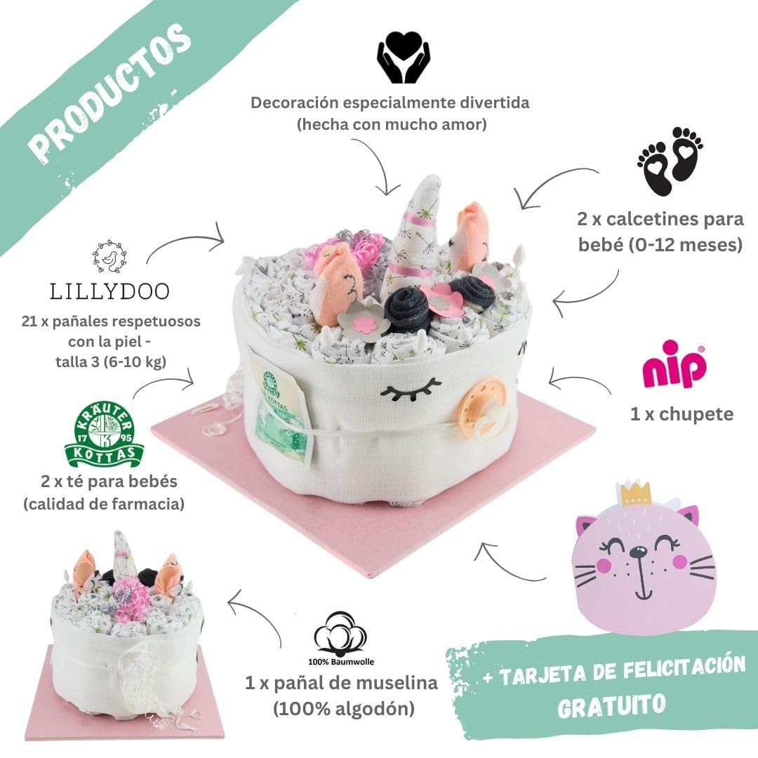 myBambini ® tarta de pañales unicornio rosa niña - regalo recién nacido nacimiento [dar alegría] juguete primer equipo toallitas húmedas chupete - encargo tarta