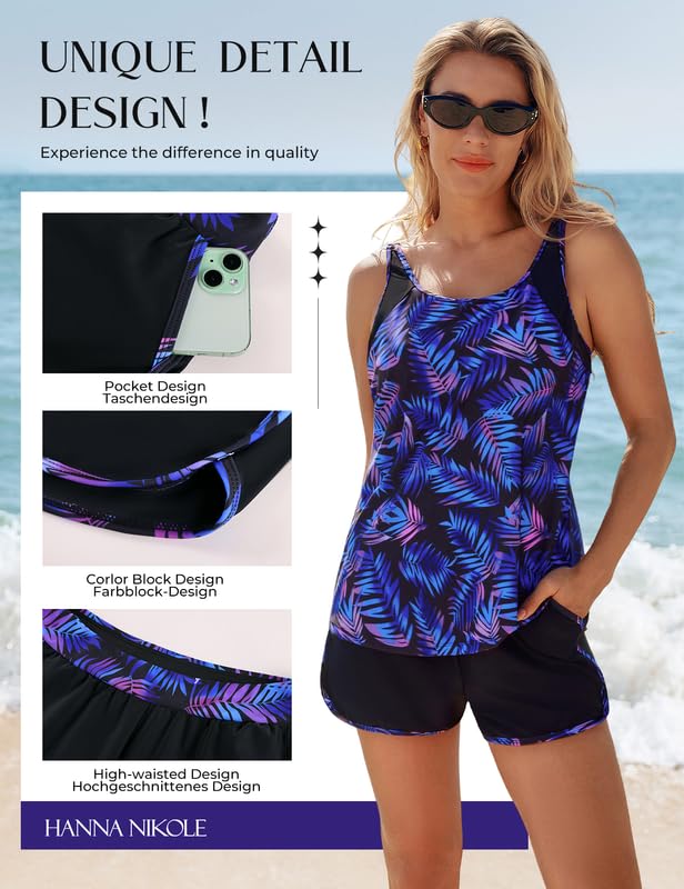 Hanna Nikole Tankini pour femme - Maillot de bain 2 pièces push-up - Maillot de bain et culotte intégrée - Taille haute - Avec poches - Maillot de bain réglable