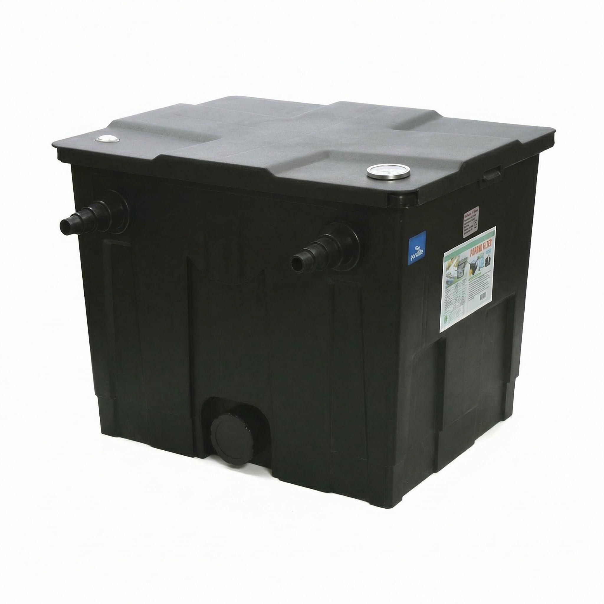 Pondlife Teichfilter CBF-350 Bio-Mehrkammer Durchlauffilter für Gartenteich bis 10.000 l, integriertes analoges Thermometer im Deckel, gestufte Schlauchtüllen, Schmutzablass zur einfachen Reinigung