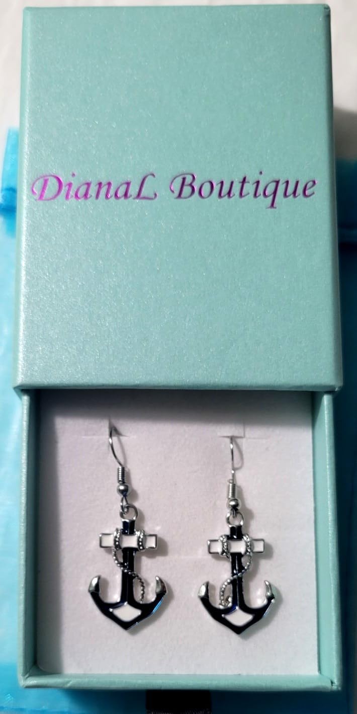 DianaL Boutique Beautiful Silvertone Nautical Anchor Earrings Enameled Gift Boxed Fashion Jewelry - Image 3