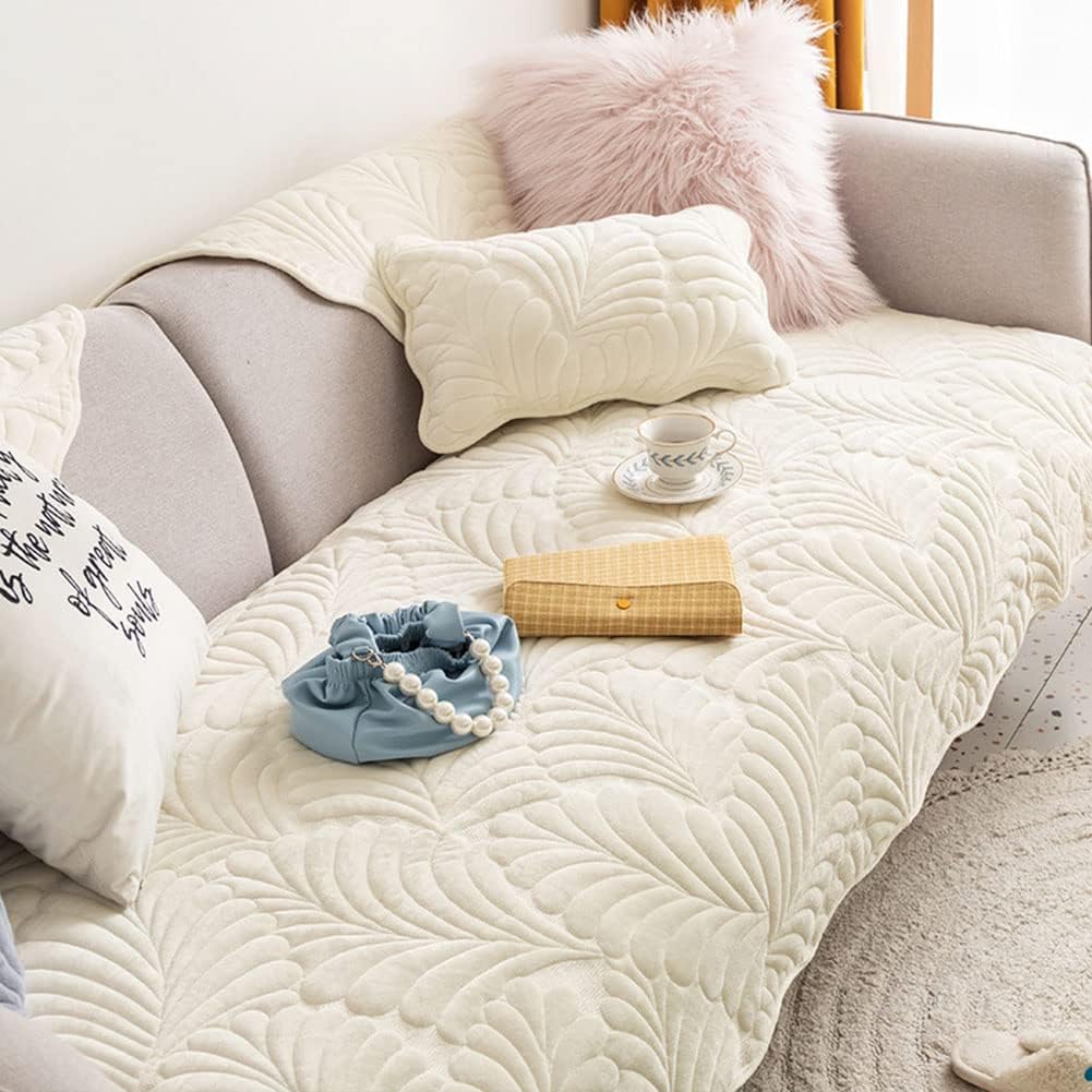 Super Soft Flannel Sectional Sofa Cover s Leaf Pattern Sofa Slipcover L Shaped Quilted Sofa Slipcover (Cream 1pc/28) (Cream 1pc/28)