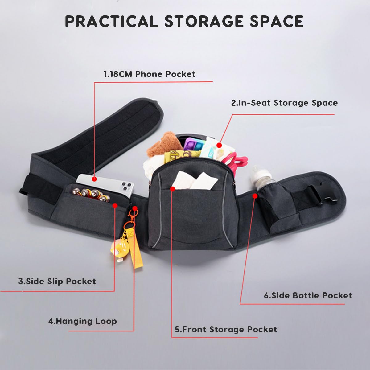 SONARIN 3 in 1 Multifunzionale Marsupio Neonati con Sedile,Portantina Ergonomico Porta Bambino Fascia Porta Bebè con Funzione di Portaoggetti,Multi-Posizioni per 0-36 Mesi(Nero)