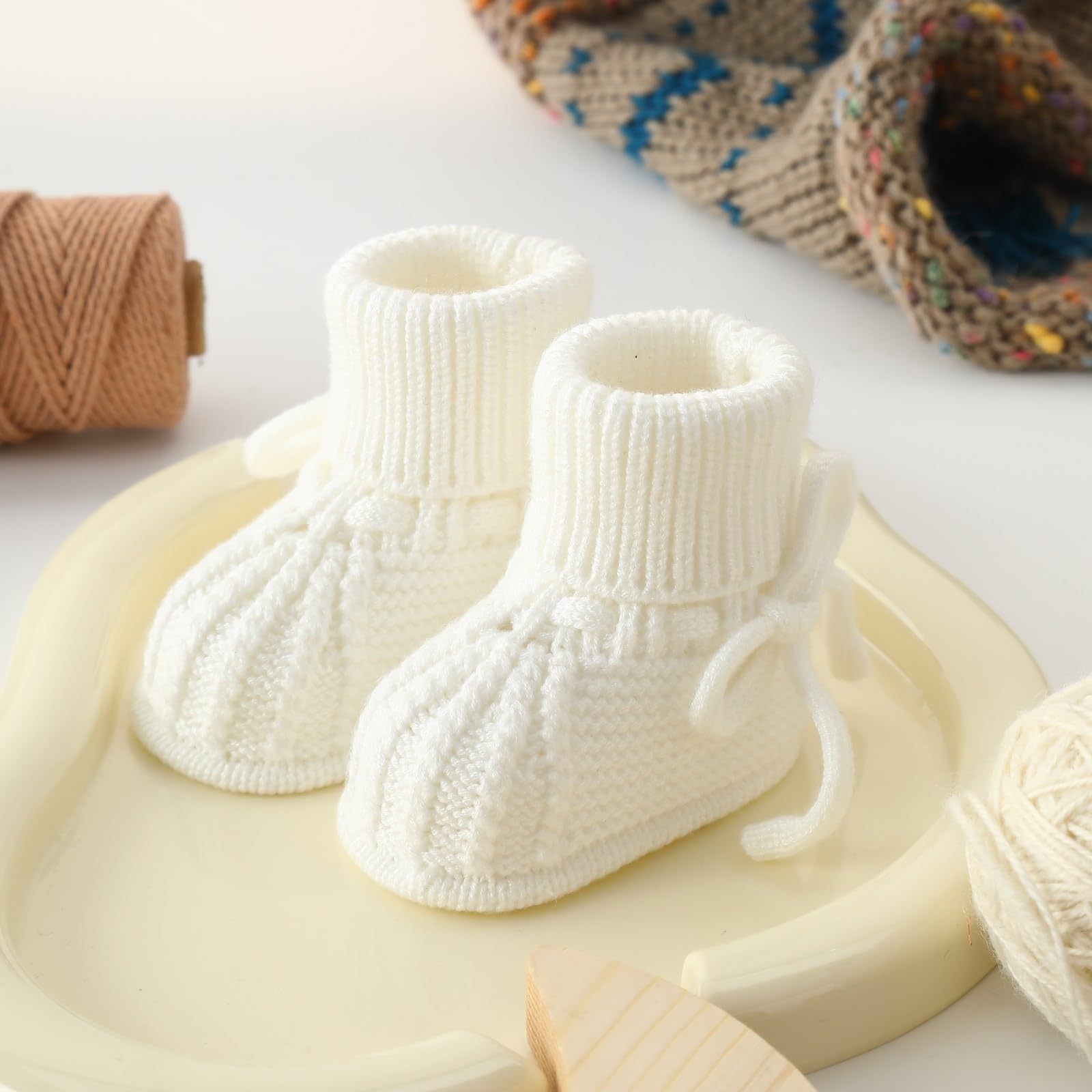 Loyfoky Baby Booties Soft Knit Baby Shoes for Newborn Boys Girls Machine Washable First Walker Boots Cream White 3-6 Months
